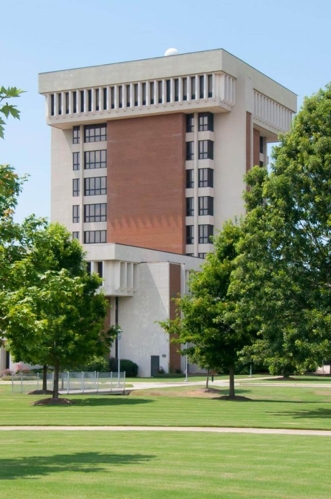 a large building with a frisbee