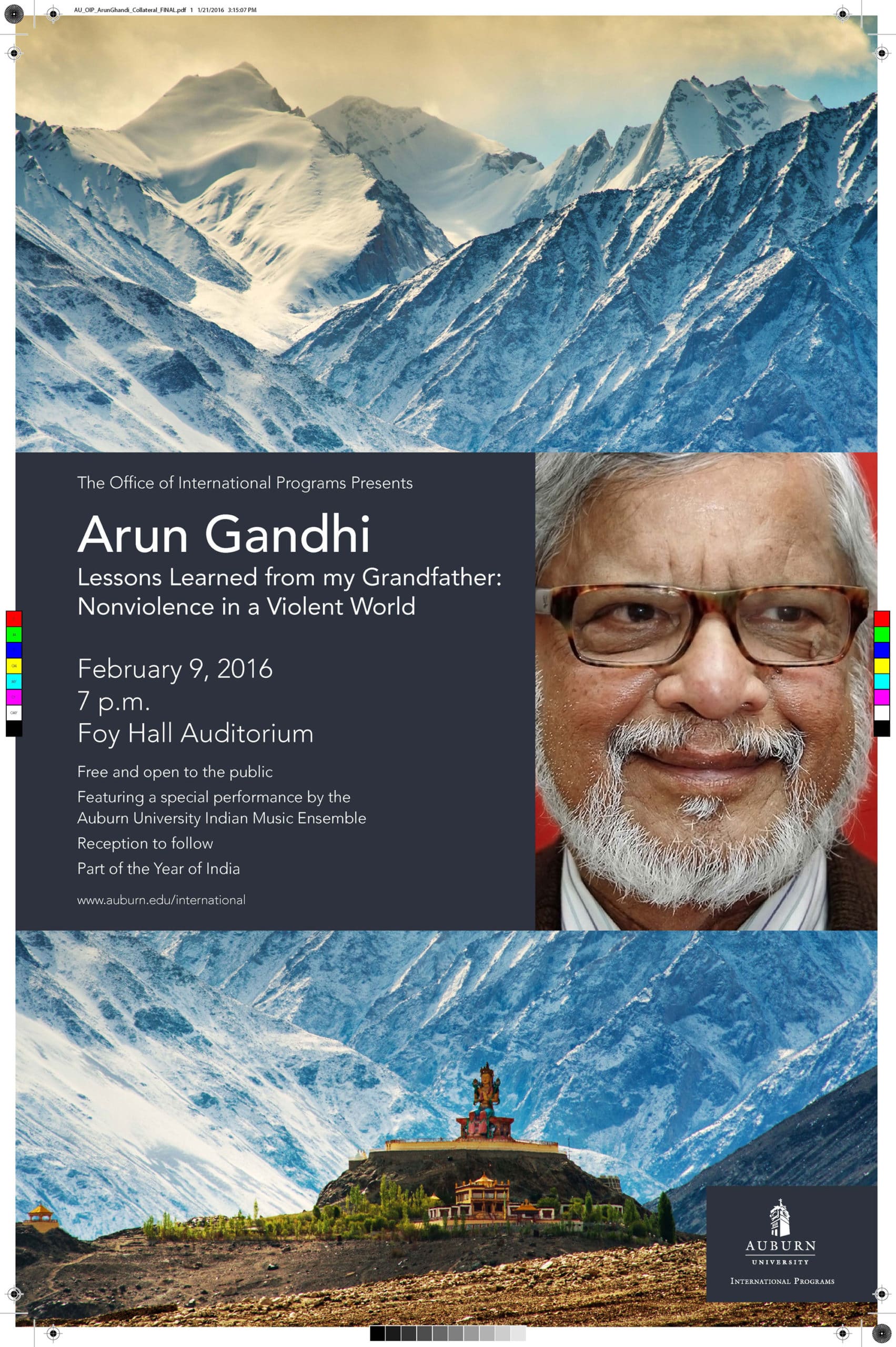 Arun Manilal Gandhi with a mountain in the background