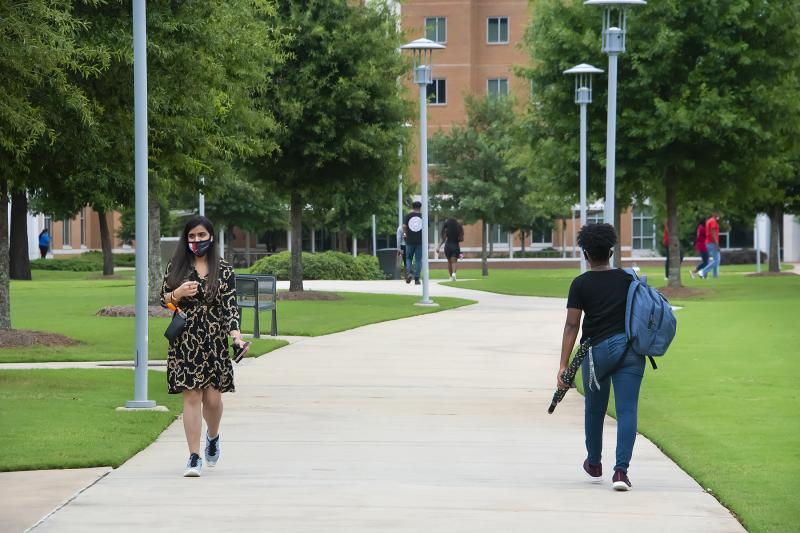 a group of people walking in a park