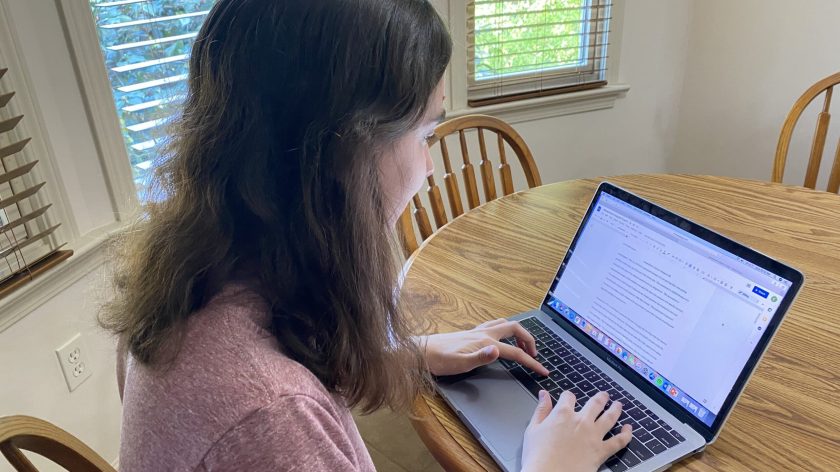 A Woman Sitting At A Table Using A Laptop