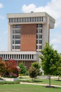 The library tower across the campus.