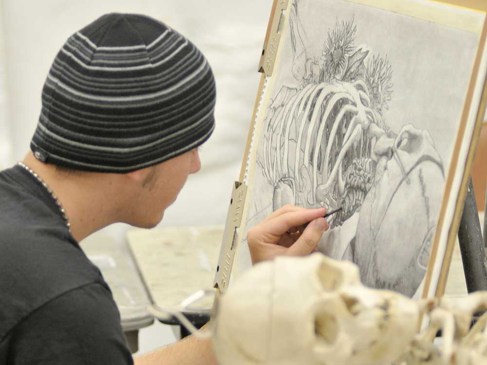 Young man drawing a skeleton