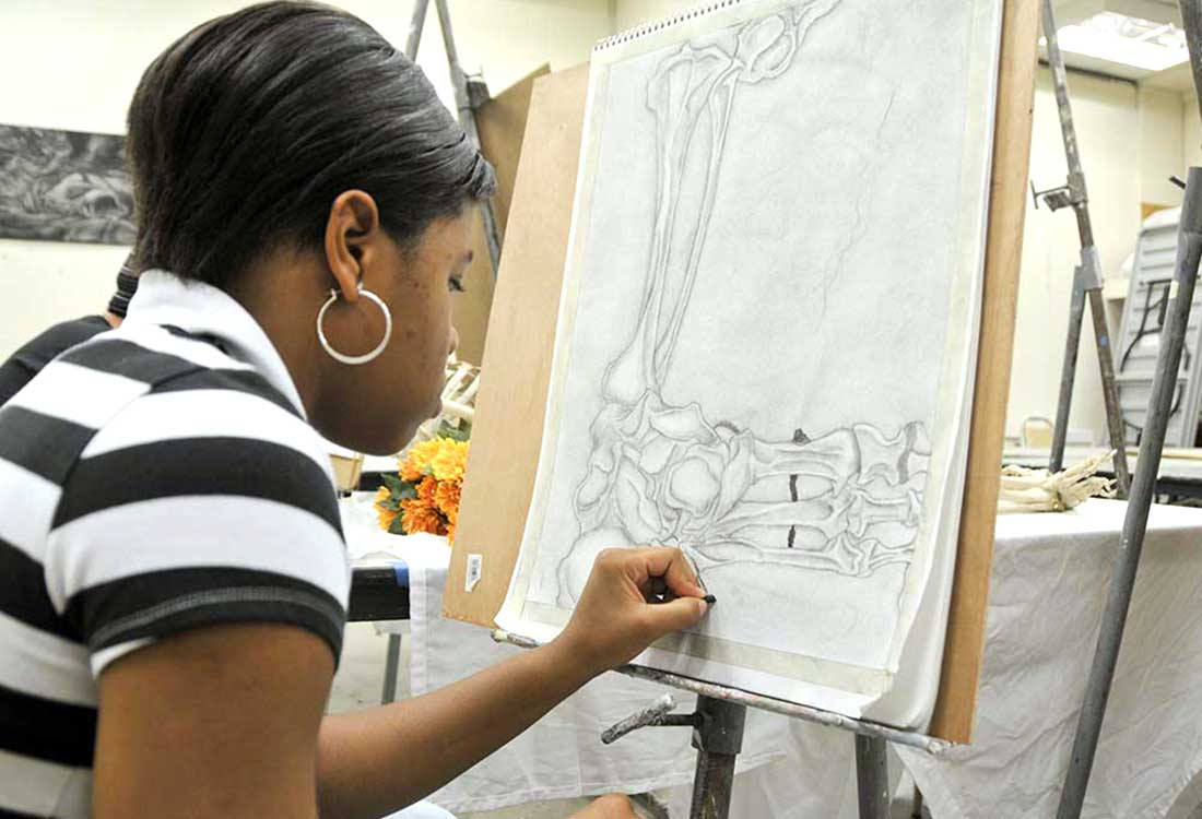 Auburn University at Montgomery art student drawing a skeletal study in studio class