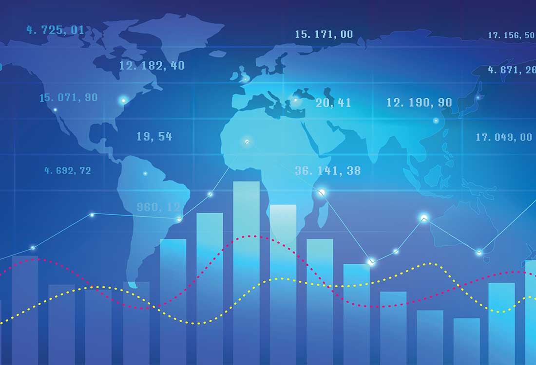 Auburn University at Montgomery global business analytics graphic with world map, bar chart, and trend lines.