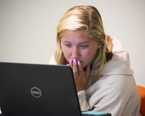 a woman using a laptop computer
