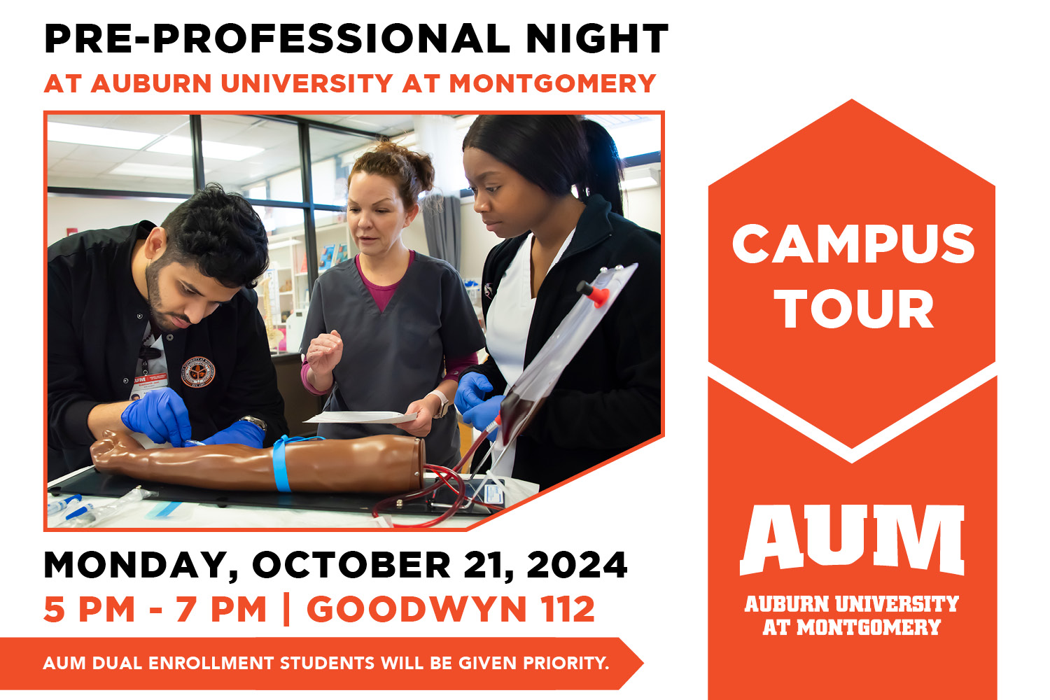 Pre-Professional Night at AUM. Monday, October 21, 2024. 5 - 7 PM in Goodwyn Hall, Room 112.