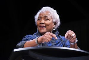 Donna Brazile makes a point during the 2023 Durr Lecture at the Alabama Shakespeare Festival.
