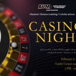 AUM Alumni Homecoming Casino Night flyer with event details and roulette wheel illustration.