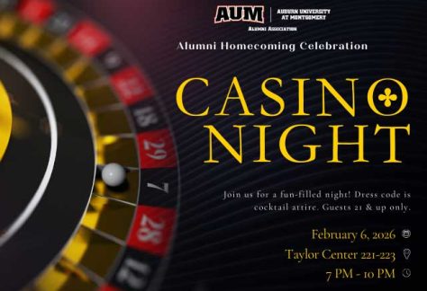 AUM Alumni Homecoming Casino Night flyer with event details and roulette wheel illustration.