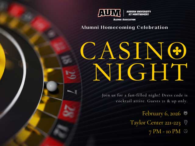 AUM Alumni Homecoming Casino Night flyer with event details and roulette wheel illustration.