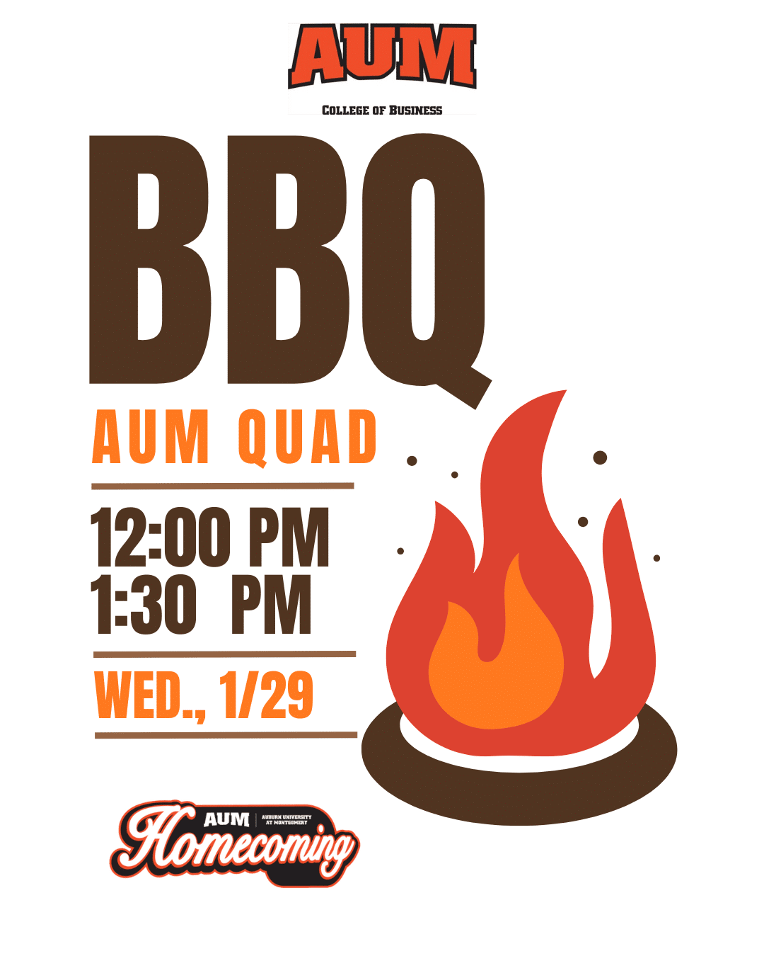AUM BBQ event poster for the AUM Quad on January 29, from 12:00 PM to 1:30 PM, during Homecoming.