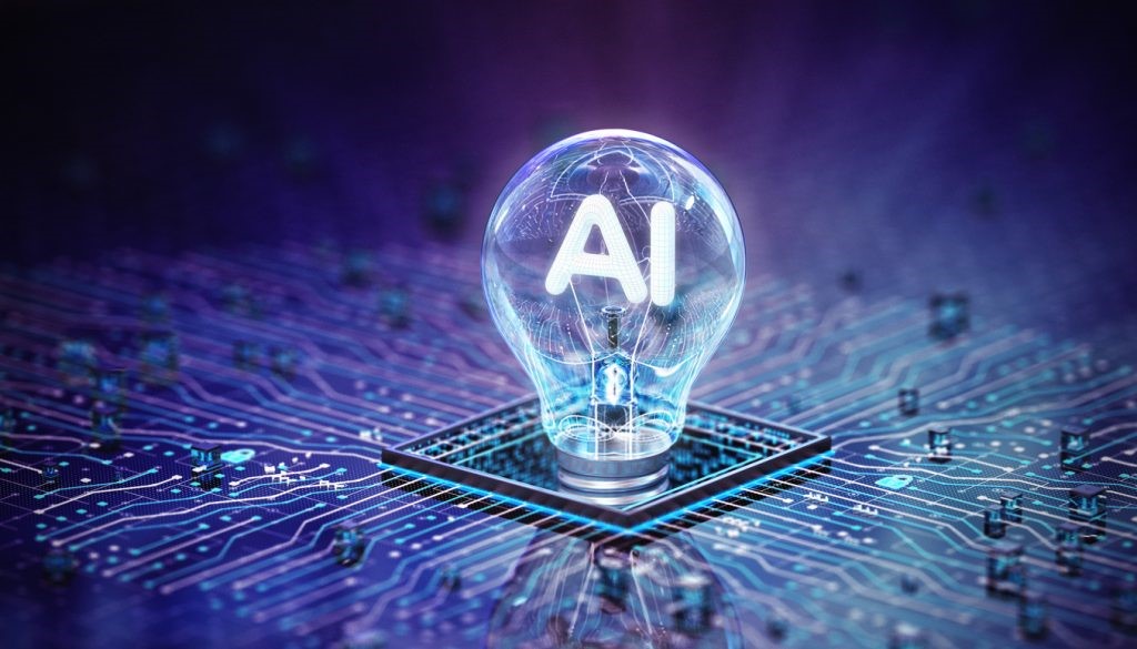 Stock photo of AI inside a lightbulb connected to a power grid.