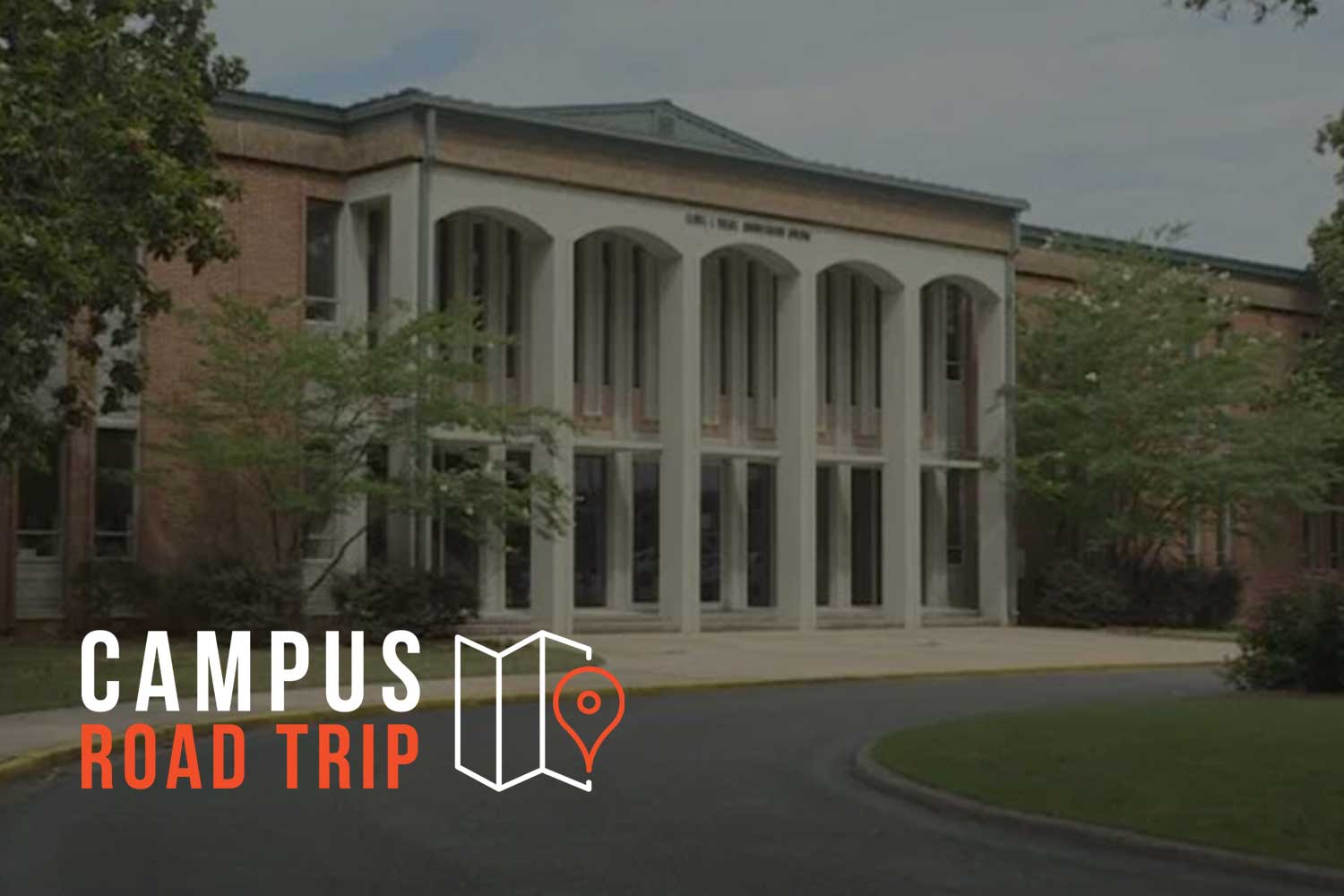 Carl F. Scott Humanities building at Auburn University at Montgomery, with Campus Road Trip text overlay.