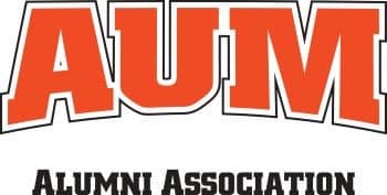 AUM Alumni Association logo in bold orange and black text.