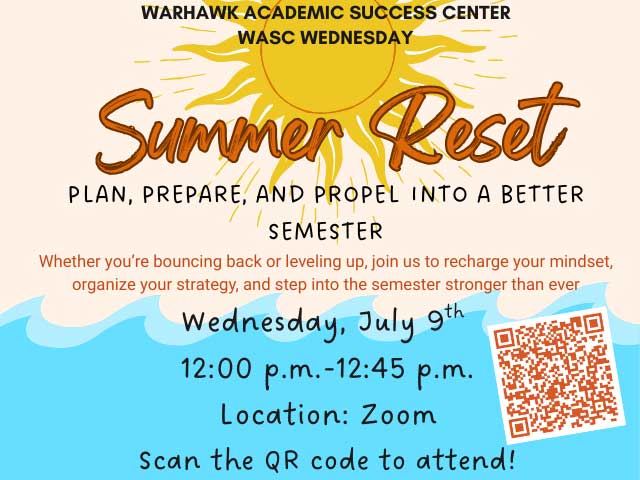 Summer Reset event by Warhawk Academic Success Center at AUM, July 9, 12-12:45 PM, on Zoom with QR code.