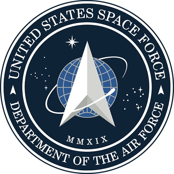 United States Space Force emblem featuring a delta symbol over a globe and stars.