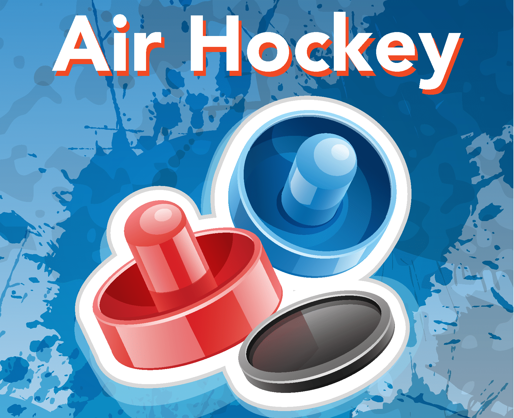 Illustration of air hockey paddles and puck on a blue splatter background with Air Hockey text overhead.