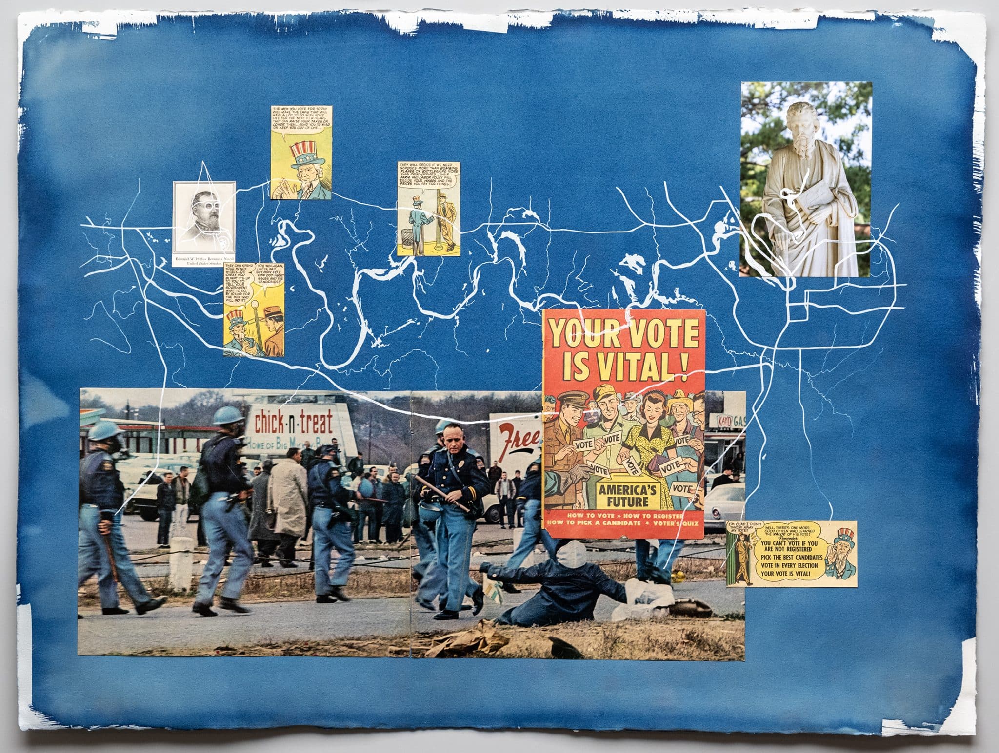 Collage with historical civil rights imagery, a map, and a Your Vote Is Vital poster, highlighting activism.