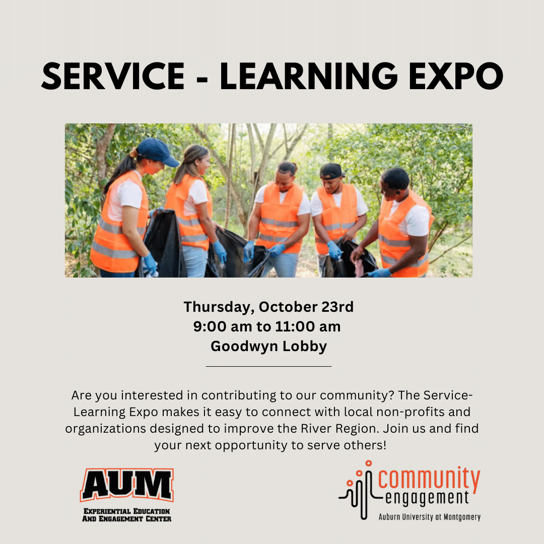 Group of people in orange vests cleaning outdoors at Service-Learning Expo, Auburn University at Montgomery.