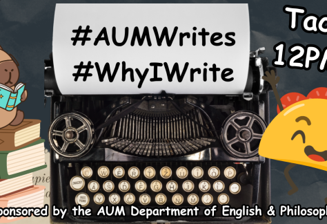 A typewriter with hashtags #AUMWrites and #WhyIWrite, a taco illustration, and sponsored event details.