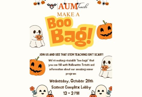Auburn University at Montgomery AUMTeach Make a Boo Bag Halloween flyer, Science Complex Lobby, Wed Oct 28, 12–2 PM.