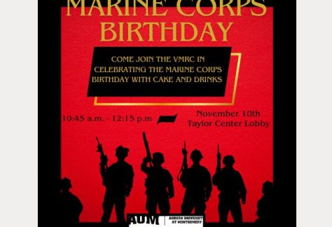 Marine Corps Birthday event at AUM, November 10th, Taylor Center Lobby, 10:45 AM - 12:15 PM, silhouettes of soldiers.
