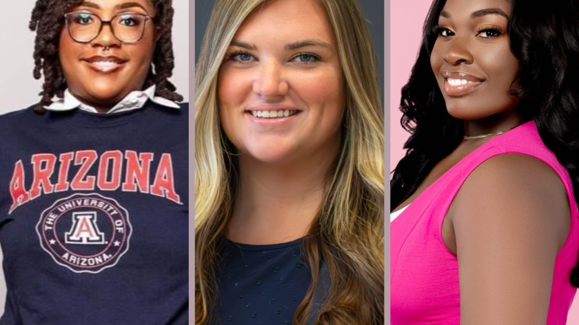 Three Women Smiling In A Collage; First Wearing Arizona Shirt, Second With Long Hair, Third In Pink Top.