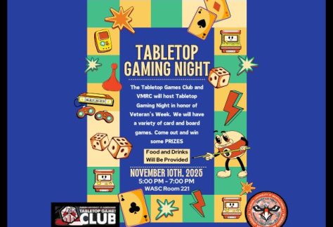 Flyer for Tabletop Gaming Night at AUM on November 10, 2025, featuring gaming graphics and event details.