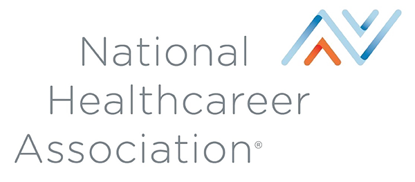 National Healthcareer Association logo with abstract blue and orange design.