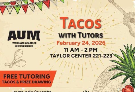 Tacos with Tutors event at AUM on February 24, 2026, offering free tutoring, tacos, and prize drawing.
