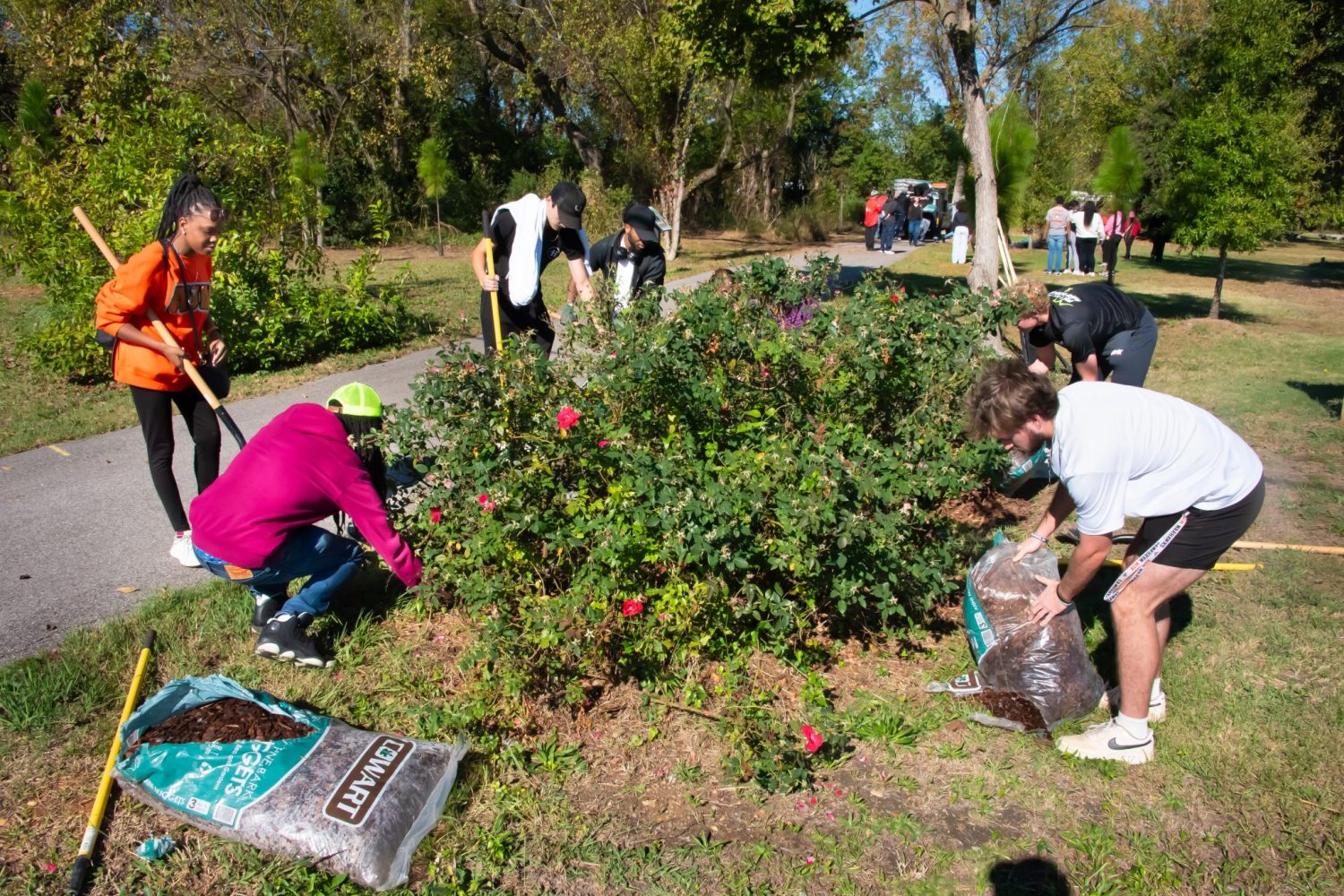 Students Gardening Outdoors On Auburn University At Montgomery Campus During A Volunteer Event.