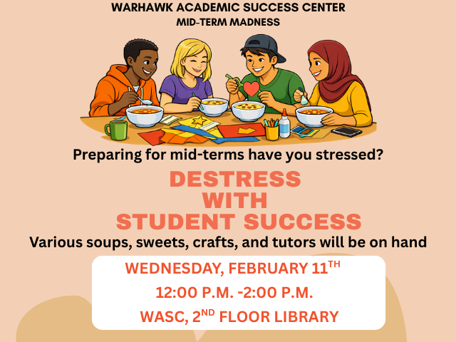 Students enjoying food and crafts at Warhawk Academic Success Center event for mid-term stress relief at AUM.