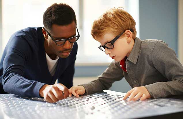 A man and a boy work together on a tactile learning board at Auburn University at Montgomery.