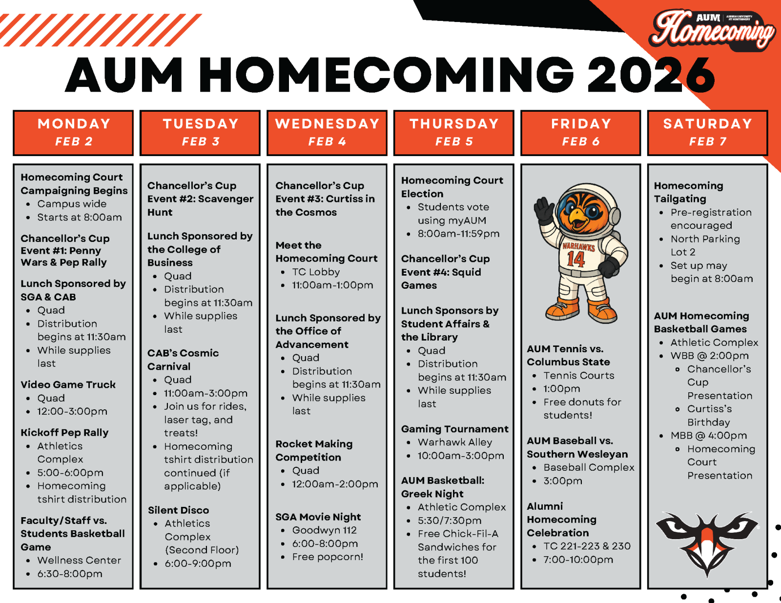 AUM Homecoming 2026 schedule with events from February 2 to February 7.