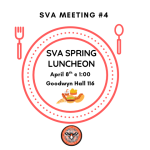SVA Spring Luncheon invitation featuring a fork, spoon, and food graphic. Event at Goodwyn Hall, April 8th, 1:00 PM.