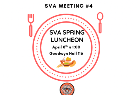 SVA Spring Luncheon invitation featuring a fork, spoon, and food graphic. Event at Goodwyn Hall, April 8th, 1:00 PM.