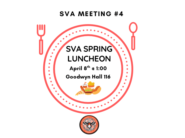 SVA Spring Luncheon invitation featuring a fork, spoon, and food graphic. Event at Goodwyn Hall, April 8th, 1:00 PM.