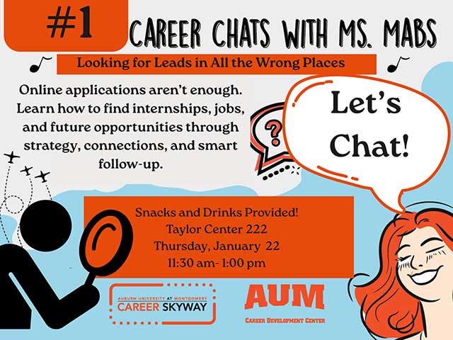 Career chat poster with Ms. Mabs at AUM, featuring event details and playful illustrations.