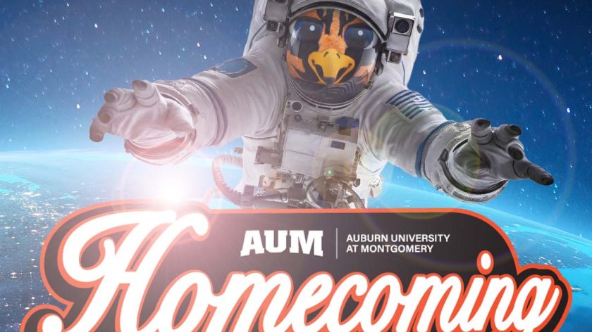 Astronaut With A Tiger Face In Space, AUM Homecoming Text In The Foreground.