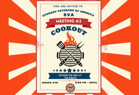 Invitation poster for SVA Cookout, March 4th, 3:00 PM, outside The Nest at The Grove, featuring a grill graphic.