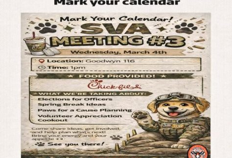 Auburn Univ. at Montgomery SVA Meeting #3: Mar 4, 1pm, Goodwyn 116; Chick-fil-A; elections, spring break, volunteering.