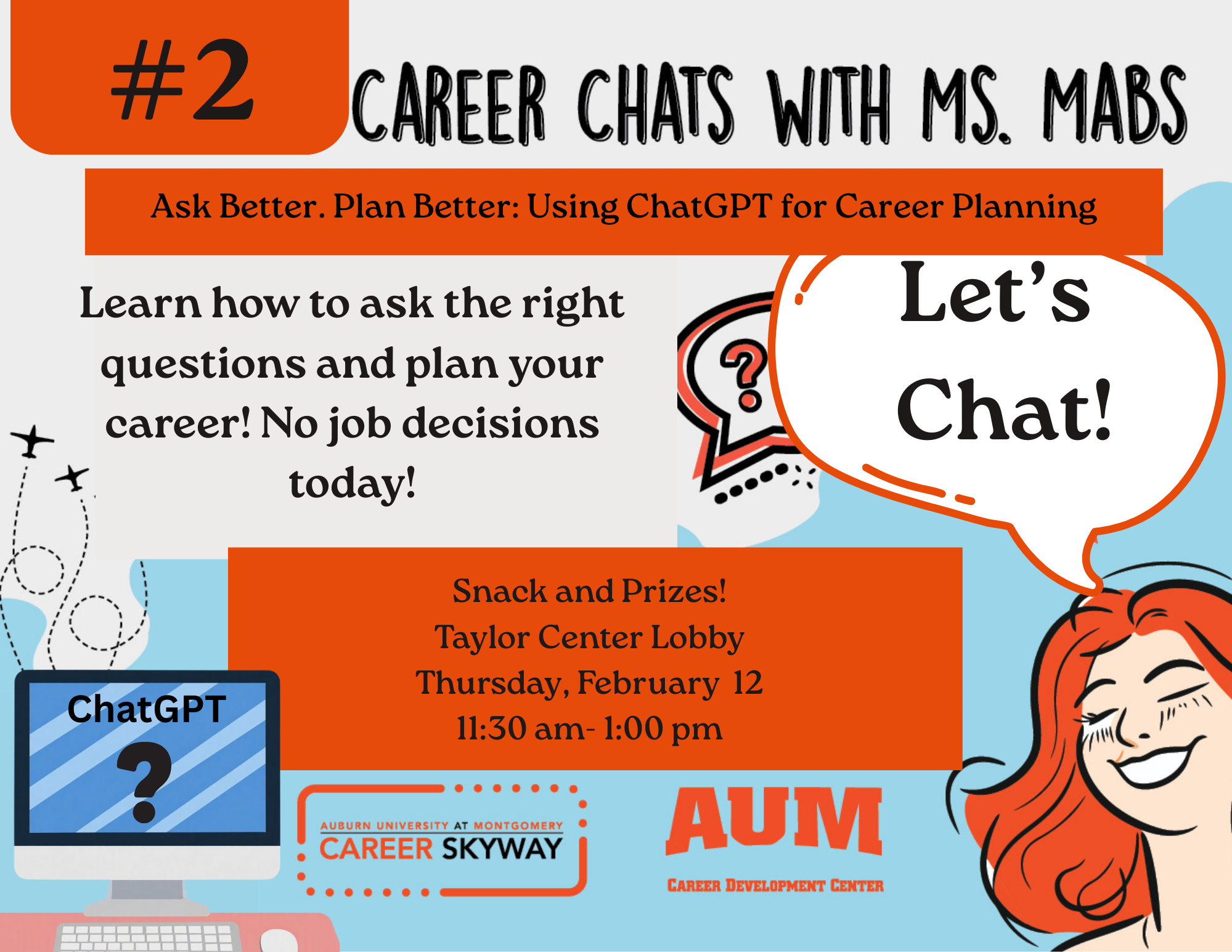 Auburn University at Montgomery Career Chats with Ms. Mabs on ChatGPT career planning; Feb 12, 11:30–1; woman illustration