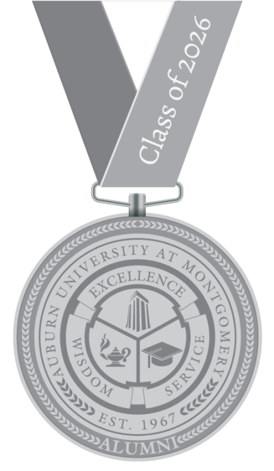 Auburn University at Montgomery alumni medallion with Class of 2026 ribbon and AUM seal: excellence, wisdom, service
