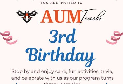 Auburn University at Montgomery AUM Teach 3rd Birthday celebration invitation with cake, activities, and trivia.