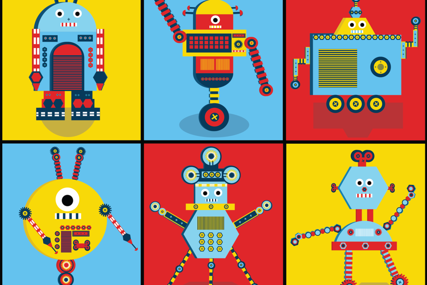 Auburn University At Montgomery Robotics Graphic: Six Colorful Cartoon Robots On Red, Blue, And Yellow Panels.