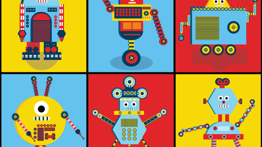 Auburn University At Montgomery Robotics Graphic: Six Colorful Cartoon Robots On Red, Blue, And Yellow Panels.