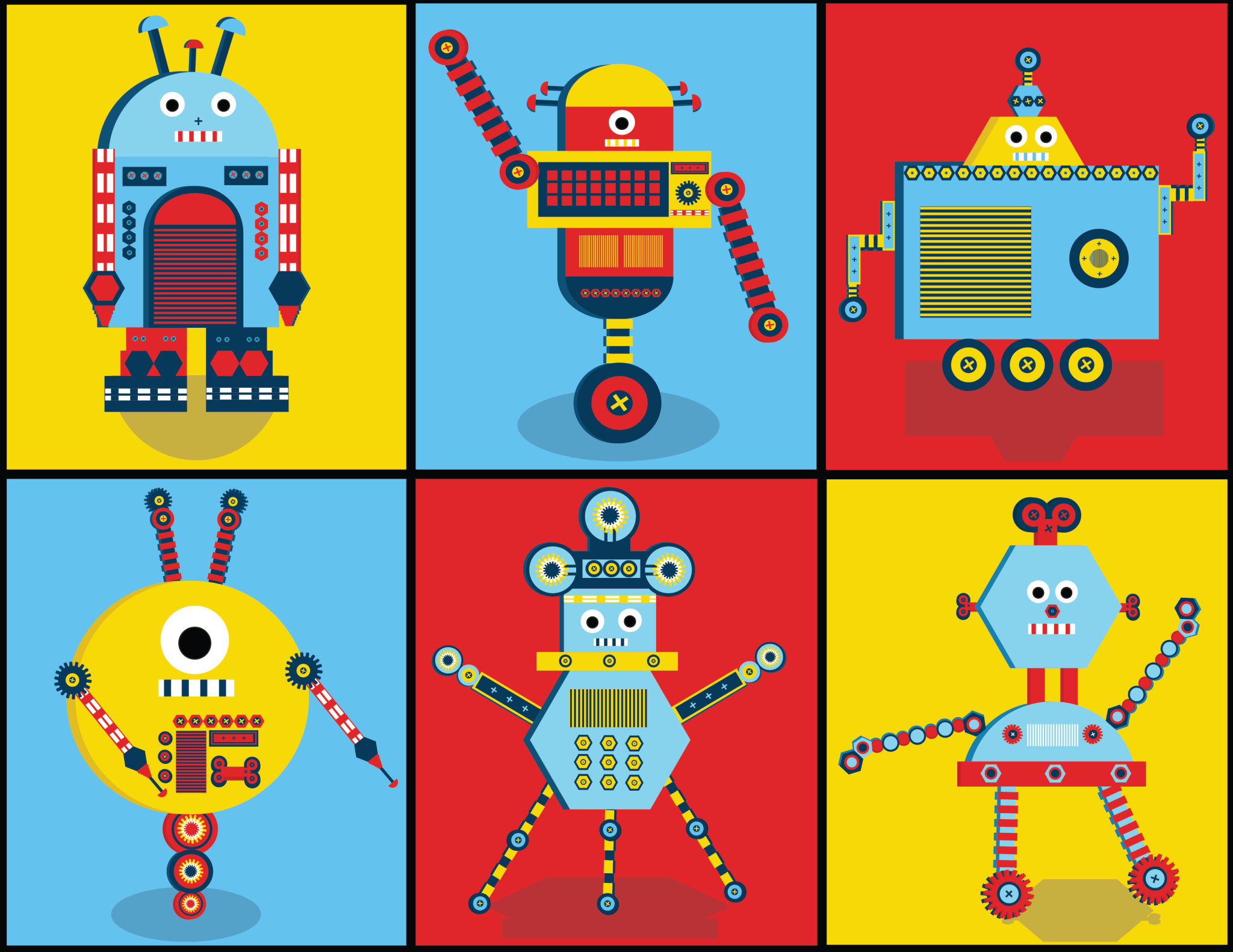 Auburn University at Montgomery robotics graphic: six colorful cartoon robots on red, blue, and yellow panels.