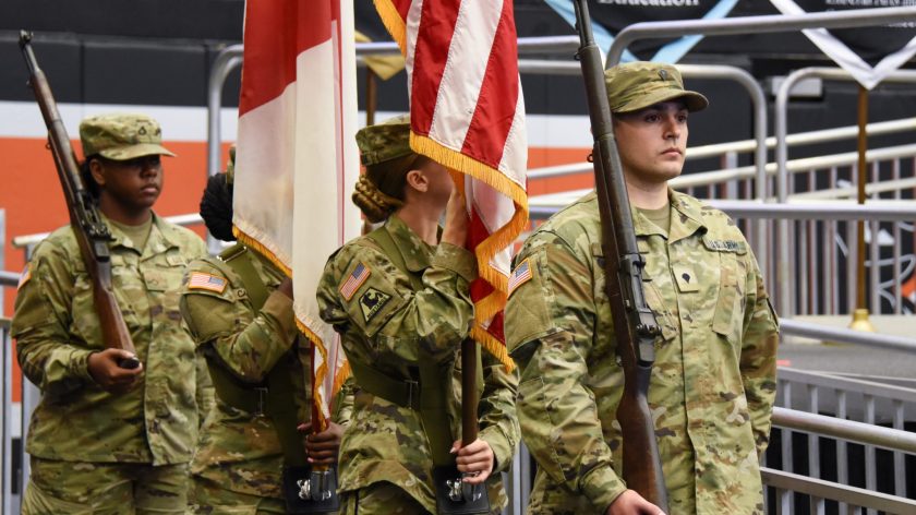 Auburn University At Montgomery ROTC Color Guard Presents U.S. And Alabama Flags At Commencement.