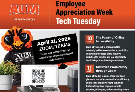 Auburn University at Montgomery Employee Appreciation Week Tech Tuesday, Apr 21, 2026 on Zoom/Teams accessibility, Zoom tips