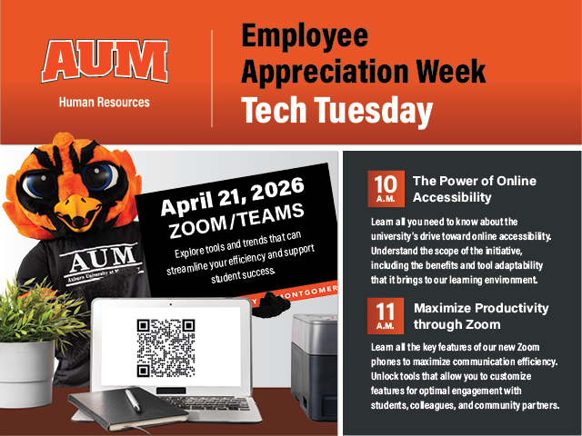 Auburn University at Montgomery Employee Appreciation Week Tech Tuesday, Apr 21, 2026 on Zoom/Teams accessibility, Zoom tips